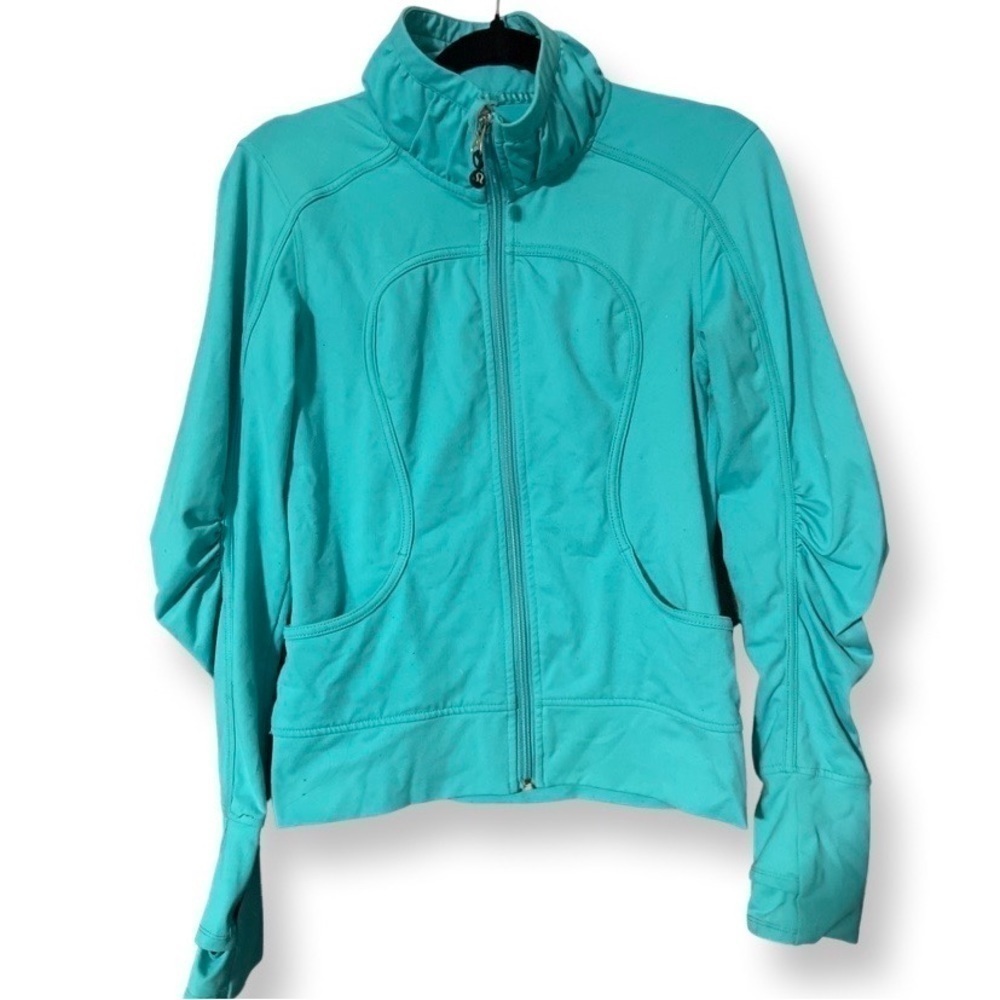 Lululemon Sweater Blue Teal High Neck Gathered Arms Pockets.
